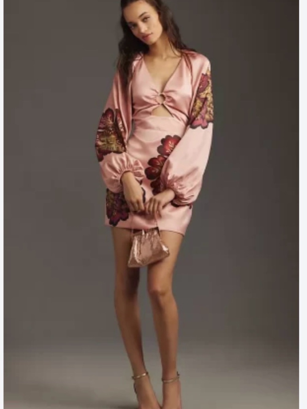 Sandro Pink Satin Mini Dress with Floral Appliqué